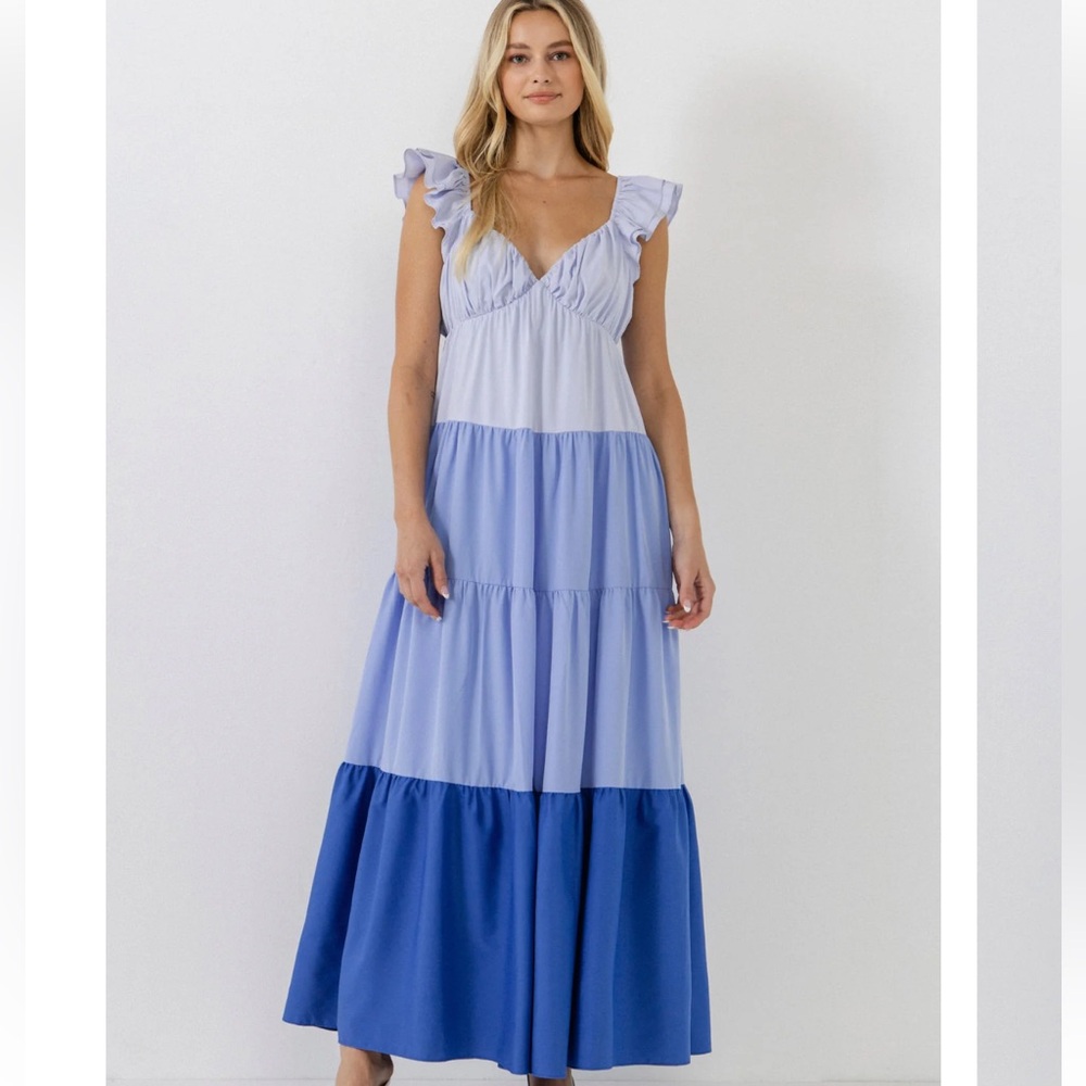 English Factory Size S Blue Sweet Heart Color Block Tiered Maxi Dress